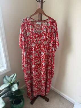 Red Floral Maxi Dress - Lightweight Everyday Caftan